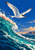 White tern with dark cap and reddish beak gliding above a curling turquoise wave, with cobalt sky, foam, clouds, and distant cliffs.