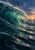 A large curling blue-green ocean wave with a foamy crest and warm sunset glow above dark water at dusk.