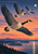 Three Canada geese fly above sunset-colored water, with a small moon and wooded shoreline behind them.