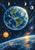 Blue-green Earth-like globe with swirling clouds, a gold orbit, small moon, decorative diagrams, starfield, and bright curved horizon.