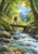 Adult hiker with orange backpack crossing a narrow bridge over a rocky stream beneath trees, with snowy peaks in the distance.