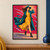 Adult woman in a teal hat and coat and yellow dress strides through wind against a red background, holding her hat.; frame shown for styling only