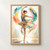 Adult dancer balancing on one foot with a raised bent leg and sweeping arms, surrounded by flowing translucent ribbons and circular teal, coral, and gold brush marks.; frame shown for styling only