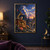 An ornate wooden music box with a blue-and-gold flower-shaped horn and perched bird, set in a garden at sunset.; frame shown for styling only