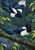 Two black-and-white magpies face one another in a rainy garden, with one descending above a wet branch and blue-violet flowers.