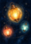 Three glowing amber, coral, and icy-teal lantern-like vessels float amid copper orbital loops and star-like points on indigo.