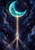 Turquoise crescent moon sending a golden beam to a floating faceted crystal amid stars and indigo clouds.