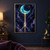 Turquoise crescent moon sending a golden beam to a floating faceted crystal amid stars and indigo clouds.; frame shown for styling only