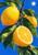 Three yellow lemons, including a cut half, hang among green leaves against a cobalt-blue background with a pale sun.