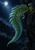 An arching fern frond with teal-lit leaflets and a curled fiddlehead sweeps from a dark rocky ledge beneath a bright moon.