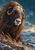 Close portrait of a shaggy musk ox with curved horns and a pale muzzle against a wintry landscape with grasses and orange berries.