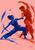 Cobalt-blue and vermilion dancers hold hands in a sweeping turn against a warm pink ground with curved motion marks.