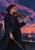 Adult woman violinist in a dark coat with violin under her chin and bow lowered, standing above city rooftops at sunset beneath a pink-violet cloud ribbon.