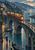 A red-and-cream tram crosses a stone viaduct above a rainy harbor, with an umbrella figure on the quay and boats, gulls, and a lighthouse.