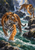Two orange-and-black striped tigers cross a foaming rocky stream in a gorge, one in the foreground and one leaping behind.