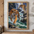 Two orange-and-black striped tigers cross a foaming rocky stream in a gorge, one in the foreground and one leaping behind.; frame shown for styling only