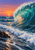 A large turquoise wave curls over foamy surf beside a small dark rock, beneath an orange-pink sunset sky.