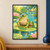 Green frog resting on a lily pad and looking toward a golden dragonfly above turquoise pond water, framed by leaves and pink flowers.; frame shown for styling only