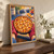 A golden lattice peach tart in a dark pan is held by red oven mitts as steam rises behind it.; frame shown for styling only