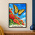 Golden-orange swallowtail butterfly flying above red and coral zinnias against a blue sky, with “A Garden Takes Flight” at the bottom.; frame shown for styling only