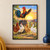 Colorful rooster standing on a rain barrel with one wing raised above three hens and a white duck in a sunlit farmyard.; frame shown for styling only