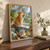An orange tabby sits on a conservatory sill and raises a paw toward a droplet on rainy glass, above a tray with a cup and pear.; frame shown for styling only