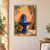 Cobalt-blue ceramic fountain with a lion-mask spout in a sunlit courtyard against an apricot wall and leafy arch.; frame shown for styling only