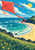 Oversized coral-red diamond kite and curling tail above a crescent beach, turquoise sea, tiny figures, and grassy coastal bluffs.