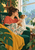 Adult woman in a deep green armchair beside a small terrier, with a rain-streaked window, plants and mustard throw.