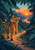 Young orange tiger cub looking back toward a glowing firefly on a winding path through teal forest foliage at sunset.