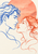 Two closely facing adult profiles in cobalt and coral lines with a pale coral sun behind them.
