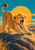 A tawny lion cub yawns while stretching on a rock beneath a golden sun, with grasses and savanna silhouettes.
