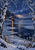 Small red boathouse with a glowing amber window beside a frozen inlet, framed by snow-covered birches and fractured ice.