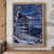 Small red boathouse with a glowing amber window beside a frozen inlet, framed by snow-covered birches and fractured ice.; frame shown for styling only