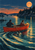 Two adults in a red-orange skiff cross teal water beneath an orange moon, with a glowing bow lantern and dark shoreline.