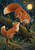 An adult red fox leaps above a mossy log toward a smaller kit beneath a glowing lantern in a dark woodland.