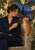 A seated adult in a dark blue suit offers a red rose to a ginger cat on a stone bench in a nighttime garden.