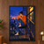 An adult woman in an orange sweater and blue jeans reading an orange paperback on a dark metal fire escape at twilight.; frame shown for styling only