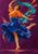 Adult dancer in a cobalt skirt and orange blouse turns with a long teal scarf sweeping overhead against a plum background.