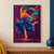 Adult dancer in a cobalt skirt and orange blouse turns with a long teal scarf sweeping overhead against a plum background.; frame shown for styling only