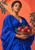 Adult woman in a vivid blue robe holding a bowl of red pomegranates against a coral background with green leaves.