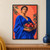 Adult woman in a vivid blue robe holding a bowl of red pomegranates against a coral background with green leaves.; frame shown for styling only