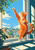 Ginger cat balancing upright on a windowsill and reaching toward a turquoise kite, with leafy branches, rooftops and a bridge beyond the window.