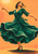 Adult woman spinning with arms extended in a flowing emerald dress against an apricot and golden patterned background.