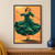 Adult woman spinning with arms extended in a flowing emerald dress against an apricot and golden patterned background.; frame shown for styling only