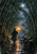 Cloaked walker with an orange lantern on a reflective stone path beneath dense bamboo, with moonlight and swirling leaves.