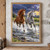 Chestnut and dapple-grey horses galloping toward the viewer through splashing water beneath violet-blue storm clouds.; frame shown for styling only