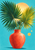 Layered fan-shaped tropical palm fronds in a coral-red vase against a turquoise background with pale sun disks.