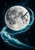 Cratered full moon circled by a turquoise wave, with sparse stars and a dark long-winged bird crossing the lunar disk.