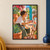 Adult woman artist painting a red-orange stroke on a canvas while holding a palette in a plant-filled courtyard with a turquoise doorway.; frame shown for styling only